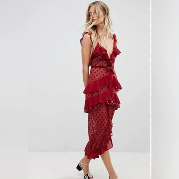 For Love & Lemons Dotty Dress Women’s Small Red Sheer Mesh Ruffle Midi Cocktail - Picture 1 of 9